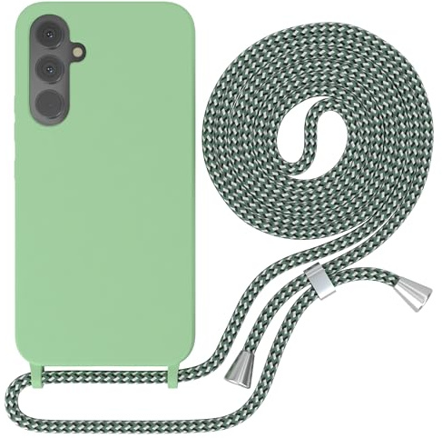 EAZY CASE - Liquid Silikon Handykette - kompatibel mit Samsung Galaxy A54 Soft Silikon Slim Cover, 3-Schichten Kratzfest in Grün mit Halsband Hellgrün Camouflage Metallstücke Silber