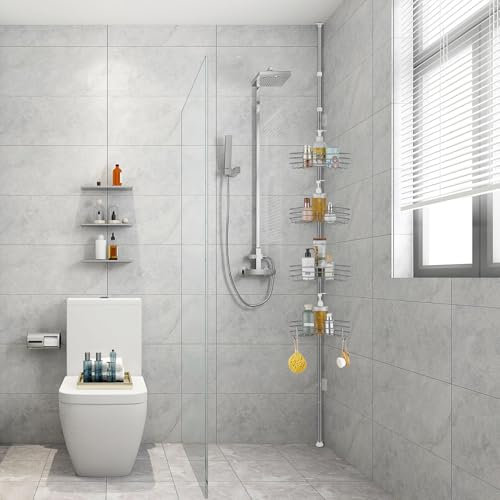 ALFKET Estantería Telescopica Baño, Telescópica Estanteria Ducha Sin Taladro con 4 Cestas, Metal Esquina Estante Ducha Altura Ajustable 85-325cm, Gris