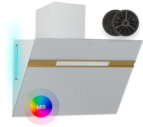 Klarstein Dunstabzugshaube Alina - 60-cm-Wandhaube, 600 m³/h Luftstrom, Energieeffizienzklasse A, LED-Beleuchtung in 9 Farben, Touch-Bedienfeld, Weiß-Gold, Umluftbetrieb Möglich