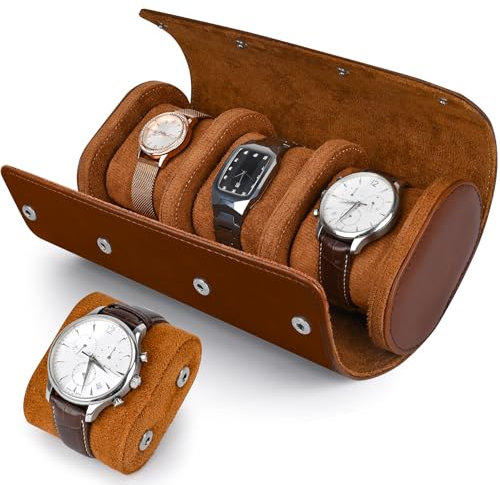 Lahrma Uhrenbox Herren Damen Uhrenrolle mit 3 Uhren, PU-Leder Uhrenhalter Uhrenkasten Uhrenetui mit Abnehmbare Uhrenkissen, Dunkelbraun