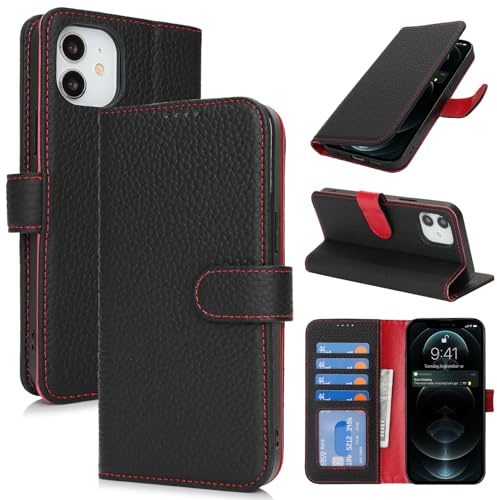 Zouzt Leather Wallet Case for iPhone 12/12 Pro, 4 Card Slot, Black & Red