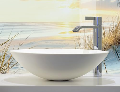 timalo Waschbecken und Badewannenrückwand 80 x 50 cm - aus Acrylglas | Nordsee, Schilf, Sonnenuntergang, Meer, Reet | Wandpaneele Bad Badrückwand Platte Badewanne Rückwand Badezimmer Glasoptik