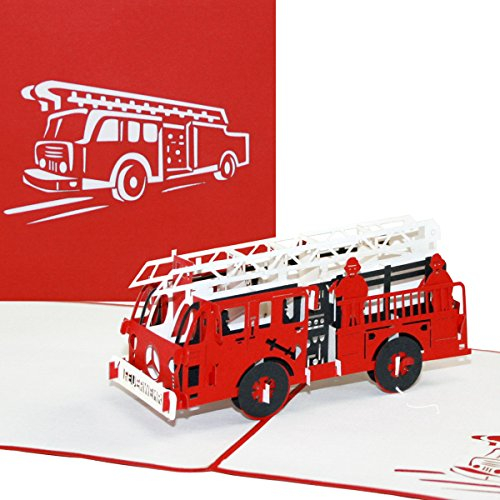 Pop Up Karte Feuerwehr - 3D Geburtstagskarte & Glückwunschkarte mit Löschzug - als Geschenkidee, Gutschein, Einladung & kleines Geschenk zu Geburtstag, Jubiläum und Einschulung
