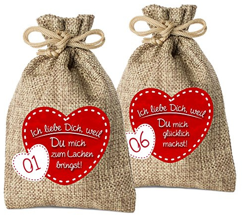 24 Adventskalender Säckchen aus Jute mit 24 Gründen Ich Liebe Dich, Weil. - (für Erwachsene Männer & Frauen geeignet) für Weihnachtskalender/Adventskalender zum Befüllen von Adventino