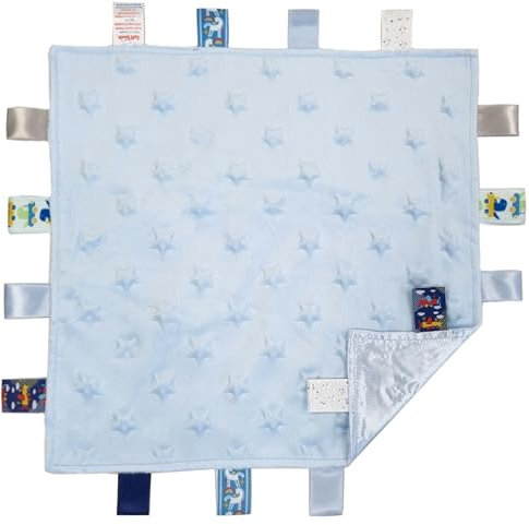 Soft Touch Taggie Schmusetuch Baby Schmusetuch mit sensorischen Etiketten und Blasen-/Herz-/Stern-/Foliendruckmuster (blauer Stern)