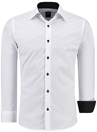 J'S FASHION Herren-Hemd - Slim-Fit - Langarm-Hemd Freizeithemd - Pflegeleicht Bügelleicht - Weiß mit Kontrast XXL