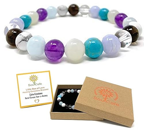 Calm Emotions - Relief Stress & Anxiety Crystal Bracelet – SoulCafeConnect Crystal Bead Stretch Bracelet for Inner Peace & Meditation - SoulCafe Gift box & Crystal infomation Card - XS/S/M/L/XL