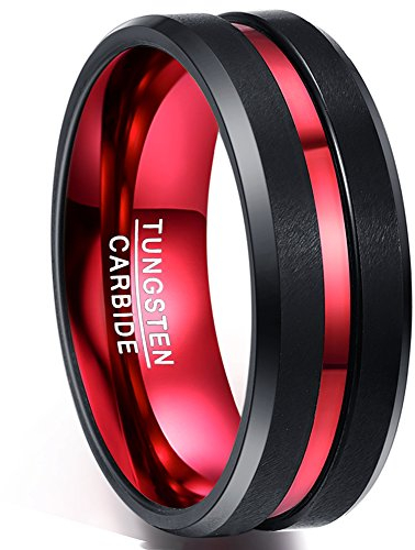 NUNCAD Ring Damen/Herren 8mm breit, Unisex Ring Wolfram schwarz+rot mit Groove Design, Comfort Fit für Hochzeit, Partnerschaft, Lifestyle, Hobby und Fashion, Größe 60 (19.1)