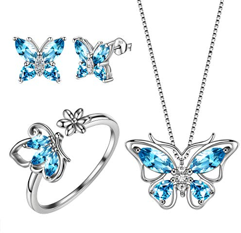 Aurora Tears Schmetterling Halskette/Ohrringe/Ringe Set 925 Sterling Silber März Birthstone Blau Aquamarin Schmuck Set Tiere Schmuck Geschenk für Frauen und Mädchen DS0039S