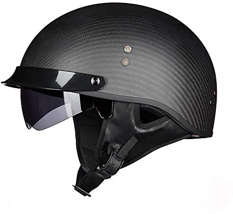 FLHWAN Motorradhalbhelm, Retro-Carbon-Jethelm ECE/DOT-Zertifizierung Unisex Cruiser Chopper Jet Helm Skateboard Fahrrad Antikollisionsschutzhelm