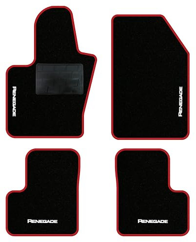 QUEMAR Tappetini Auto compatibili con RENEGADE/Kit Tappeti in Moquette e Gomma su Misura (Set 2 Anteriori + 2 Posteriori) / Ricami e Colori Personalizzati (Bordo Rosso, 4 Ricami)