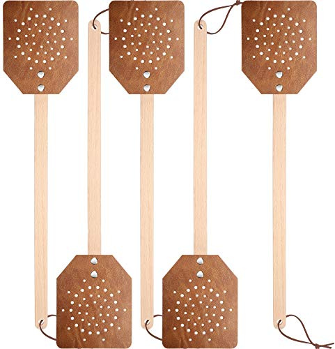 YoungJoy Matamoscas de cuero resistente de 48,8 cm, con mango largo de madera (5 unidades, marrón)