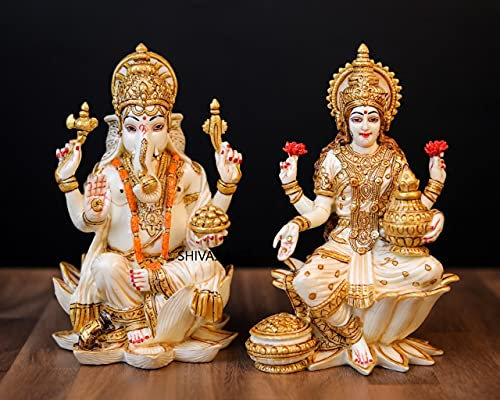 SHIVAJI ARTS Ganesh Lakshmi Statue, 18 cm, Marmor Laxmi Ganesh Statue, Hindu-Göttin des Geldes, Reichtum, Wohlstand, Fülle & Fruchtbarkeit, Lakshmi Ganesh Idol, Götter des Neuanfangs