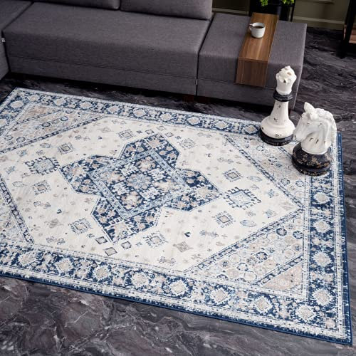 THE RUGS AREA RUG LIVING ROOM BEDROOM LARGE SMALL VINTAGE SOFT SHORT PILE BORDERED CLASSIC ORIENTAL DESIGN TRADITIONAL PERSIAN MOROCCAN BOHO CARPET - XLARGE 200X290 CM, NAVY BORDERED DESIGN
