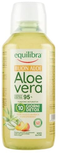 Equilibra Integratori Alimentari, Buon Aloe Vera 95%, da Bere Puro o Diluito, Aloin Free, Detox, Pura Polpa, Senza Aggiunta di Acqua, con Succo di Pesca, Senza Glutine, 500 ml
