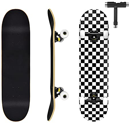 VOMI Skateboard Komplettboard Anfänger 7-Lagiger Schichten Haltbarer Ahorn Kariertes Musterdesign Longboard mit ABEC-7 Kugellager Doppel Kick Deck Standardboards für Erwachsene Jungen Jugendliche,A