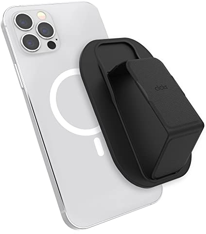 CLCKR Mobile Phone Grip Holder Compatible with MagSafe iPhone 14, iPhone 13 Series, Removable Magnetic Phone Kickstand with Finger Strap, 3500G Strength Magnet for Extra Strong Mount, Black