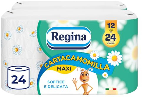 Regina Cartacamomilla – 24 Rolls of Toilet Paper, 300 Soft Sheets, 3 Ply Sheets, Delicate and Consistent, Chamomile Fragrance, Recyclable Paper Pack