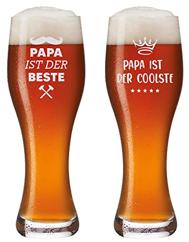 polar-effekt Leonardo Weizenbierglas 2er Set 0,5 L mit Wunschmotiv - mit Wunschname - für Biergenießer - Geschenk für Papa - Vatertag - Weihnachten - Motiv Papa ist der Beste und coolste Papa