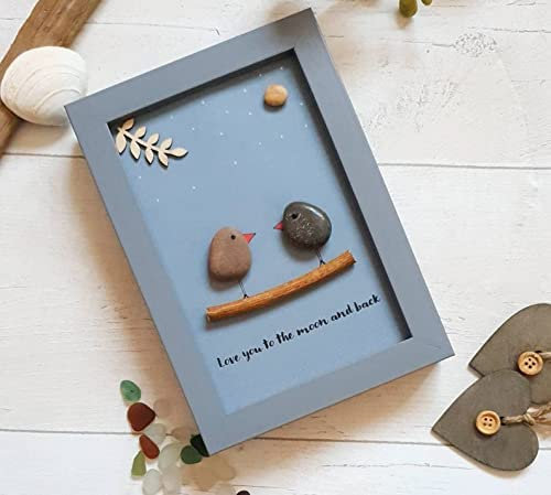Love You To The Moon And Back Pebble Art Picture, Valentine Pebble Art Gift (Gray)