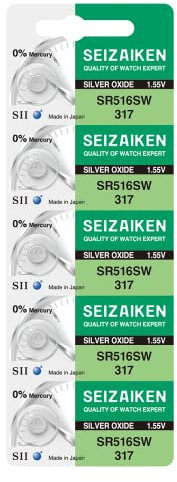 Seizaiken 317 SR516SW 1.55V 0% Hg Silver Oxide Watch Battery (5 Batteries) Made in Japan by Seiko