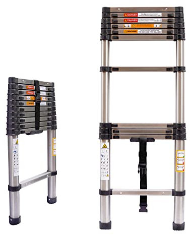 3.2M Extension Ladder Multi-Purpose Stainless Steel Heavy Duty Strong Folding Telescoping Ladder, 330lbs Load Capacity, Non-Slip Rubber Feet Safety Locking Mechanism, Easy to Store or Transport