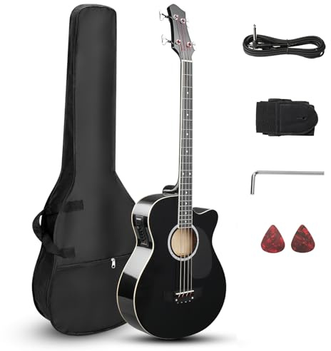 Ktaxon 4-saitige Akustik-Bassgitarre, Bassgitarre in voller Größe, Schwarz | Tragbare Gitarrentasche, Premium-Kabel, Schraubenschlüssel, Gurt, Plektrum