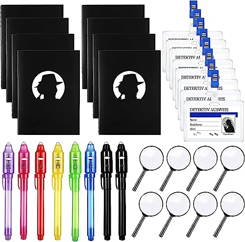 Qetlavee 32stk Detektiv Set Kinder, Mitgebsel Kindergeburtstag Zauberstifte, UV Stift&Notizbuch&Lupen Spielzeug&Ausweise, Geschenke zur Einschulung