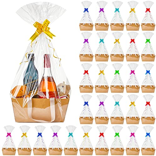 Tuanse 30-teiliges Geschenkkorb-Set mit Griff, Kraftkarton-Tablett mit 30 Beuteln, 30 Schleifen, Markttablett für Geburtstag, Hochzeit, Party, Geschenk (braun, 24,9 x 16,5 x 10,9 cm)