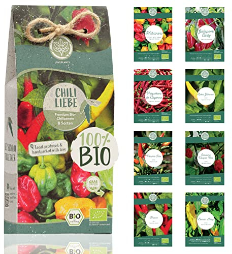 Bio Chili Samen Set – 8 milde bis extrem scharfe Bio Chilisamen in samenfester Qualität | von der schärfsten Carolina Reaper bis hin zu bunten und alten Chilli Samen Sorten – Peperoni Saatgut