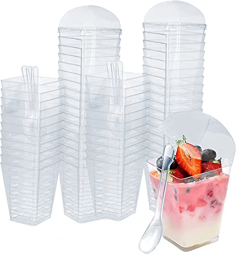 MIVIDE 100 Pcs Tasses à Dessert avec 100 Couvercles et 100 Cuillères, 150 ml/5 oz Gobelets à Dessert Carrés en Plastique pour Fête à Dessert, Pudding, Mousse, Crème Glacée