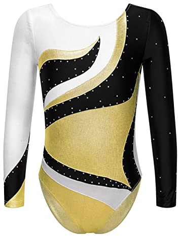 iEFiEL Kinder Mädchen Turnanzug Langarm Gymnastikanzug Glitzer Ballett Trikot Tanzkleidung Trainingsanzug Leotard Sportanzug Xa Gold 146-152