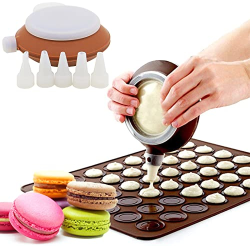 Macarons Silikonmatte 48 Löcher Backmatte - Braun Silikon Backmatte Form Set für Cupcake, Dessert mit Dekorieren Stift und 5 Düsen