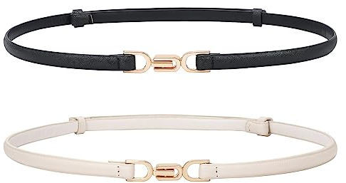 WHIPPY 2er-Pack schmaler Taillengürtel für Damen Verstellbarer dünner Gürtel Schmaler Ledergürtel mit Gold metallschnalle für Kleid