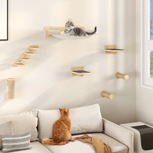 YITAHOME 7 PCS Estante de Escalada para Gatos Montado en La Pared, Muebles de Pared de Madera para Gatos Árbol para Gatos con 3 Columnas Cubiertas de Sisal/Escalera de 4 Escalones con Rascador/Hamaca