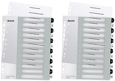 Leitz Register für A4, PC-beschriftbares Deckblatt und 12 Trennblätter, Taben mit Zahlenaufdruck 1-12, Überbreite, Weiß/Schwarz, Polypropylen, WOW, 12160000 (Packung mit 2)