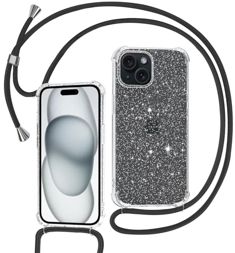 Tikgue Handykette für iPhone 15 Plus Hülle mit Band, Handyhülle mit Kordel zum Umhängen Schutzhülle mit Kette Glitzer Transparent Weich TPU Silikon Bumper - Schwarz