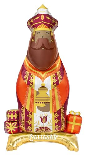 PARTYLOSOPHY 1 Unidad - Globo Navideño Foil de Pie Rey Mago Baltasar Metalizado de 110 cm - Globos Fiesta, decoración Navidad, para celebraciones y fiestas de reyes magos. Globo Foil Baltasar.
