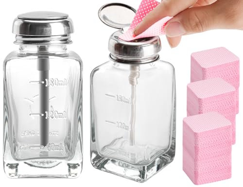 Pack of 2 Nail Polish Remover Pump Empty Dispenser Bottle with 540PCS Lint Free Nail Wipes for Alcohol, Acetone, Nail Polish and Makeup Remover Bullet point 6 Oz/ 180 ml (2 glass bottles and wipe)