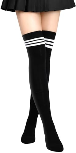 Aomig Over The Knee Thigh High Long Socks - Casual Ladies Girls Boot Socks, White Black Striped 3 Tube Stockings for Daily Wear Cosplay