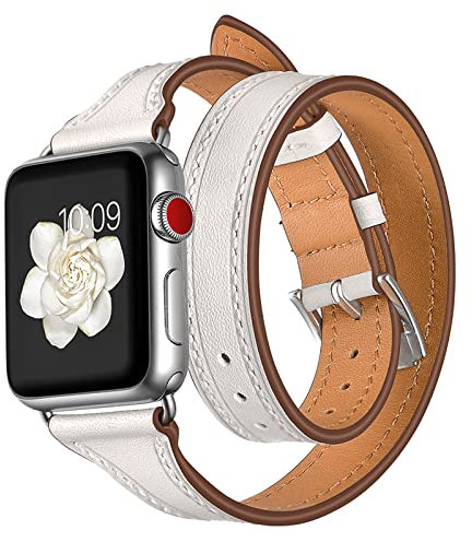 Soyeacrg Compatibile con Apple Watch Cinturino 49mm 45mm 44mm 42mm 41mm 40mm 38mm, Cinturino Sottile in Vera Pelle Doppio Giro per iWatch Serie SE 9 8 7 6 5 4 3 2 1 Ultra 1 2,White,38/40/41mm