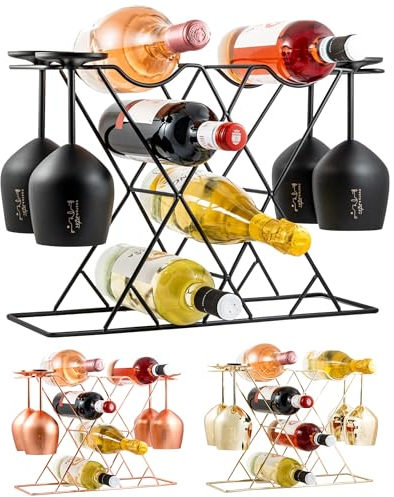 Gusto Nostro Kleines Weinregal Schwarz Metall mit Weinglashalter - Weinflaschenhalter für 8 Flaschen & 4 Gläser - Weinregal Klein - Modernes Weinflaschenregal Stehend, Flaschenregal Metall Wine Rack