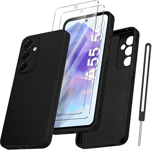 Qasyfanc Cover Protezione Fotocamera per Samsung Galaxy A55 con 2 Pezzi Vetro Temperato, Custodia Samsung A55 5G Silicone Morbida, Antiurto, Sottile, Nero