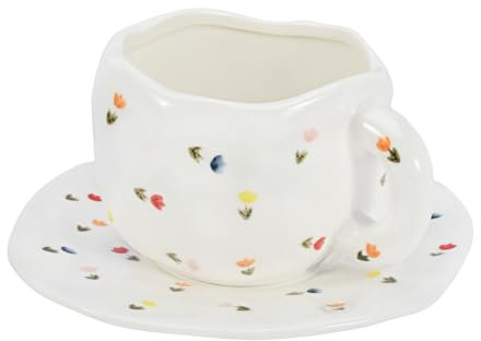 Koythin Ceramic Coffee Mug, Cute Pink Cup for Women with Saucer for Office and Home, Dishwasher and Microwave Safe, 10 oz/300 ml for Latte Tea Milk (Colorful Tulips)