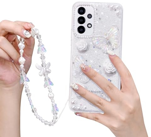 Ownest Handyhülle Kompatibel Samsung Galaxy A53 5G Hülle Flash Schmetterling Blume Transparent Design Aesthetic Frauen Mädchen Glitzer Kristall mit Süßes Chain Weiche Case + Perlenkette