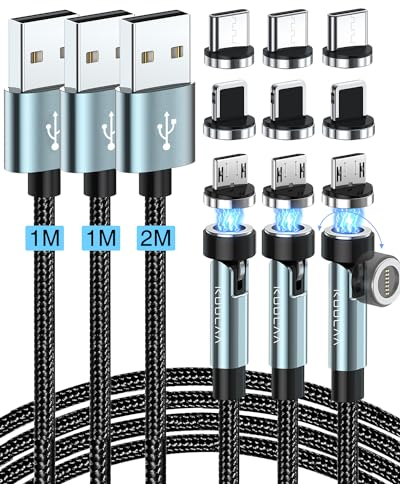 Kuulaa Cavo Magnetico 3 in 1 [1M+1M+2M], Rotante 360° e 180°, Ricarica Rapida 3A e Trasferimento Dati per Micro USB/Tipo C/iProducts