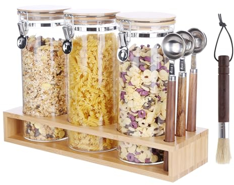 Ken's Kitchen Bocaux Rangement en Verre Hermétique Lot de 3x1500ml avec 3x cuillère,Pots et Bocaux de Conservation Cuisine avec Couvercle pour Céréales,Cornflakes,Spaghetti,boîte pour le café,le thé