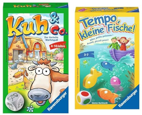 Ravensburger 23160 - Kuh und co, Mitbringspiel für 2-6 Spieler & 23334 - Tempo, kleine Fische, Mitbringspiel für 1-6 Spieler, Kinderspiel ab 3 Jahren, kompaktes Format, Reisespiel, Brettspiel