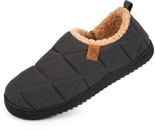 FamilyFairy Men's Warm Quilted Memory Foam Slippers Non-Slip House Shoes with Elastic Gores for Indoor Outdoor Grey 9