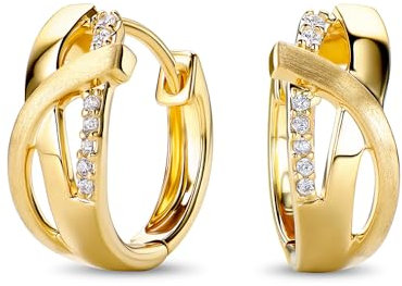 MIORE Ohrringe Damen aus 925 Sterling Silber Vergoldet 18 Karat, Silber Ohrringe mit Zirkonia, Gekreuzte Creolen, Runde Hoops, Schmuck fur Damen